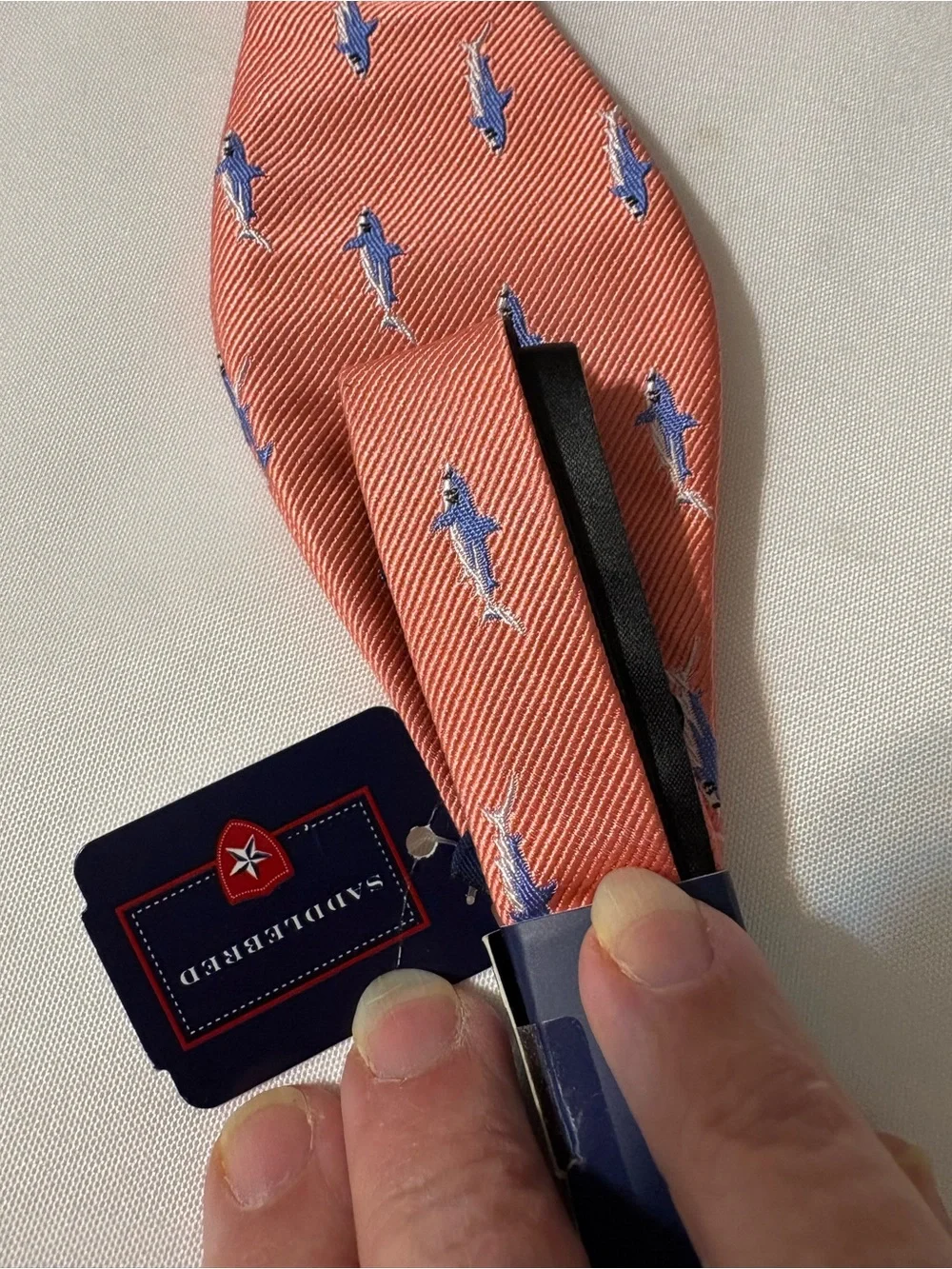 Saddlebred tie Coral‎ Bow Tie with blue shark pattern ocean summer theme NWT